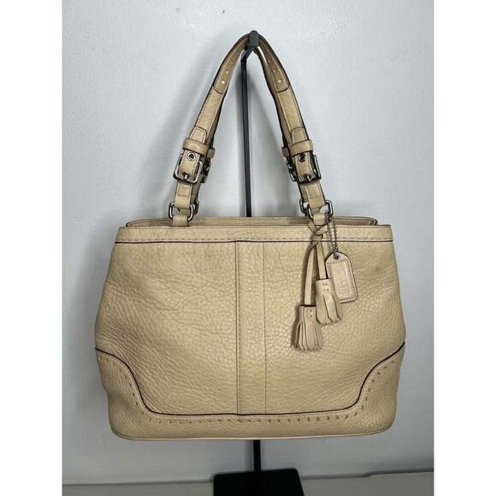 Coach Hampton Pebbled Leather Tassel Satchel Handbag Purse Beige 5055
